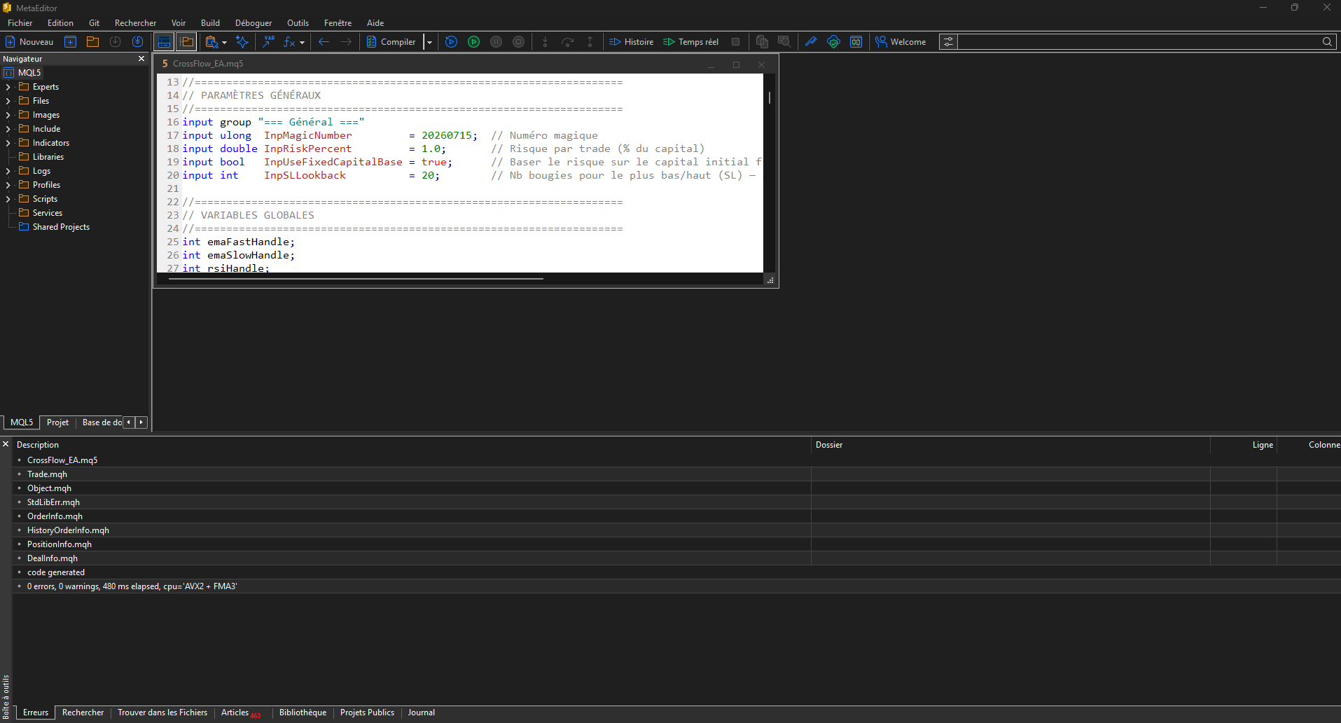 Code MQL5 dans MetaEditor — CrossFlow_EA.mq5
