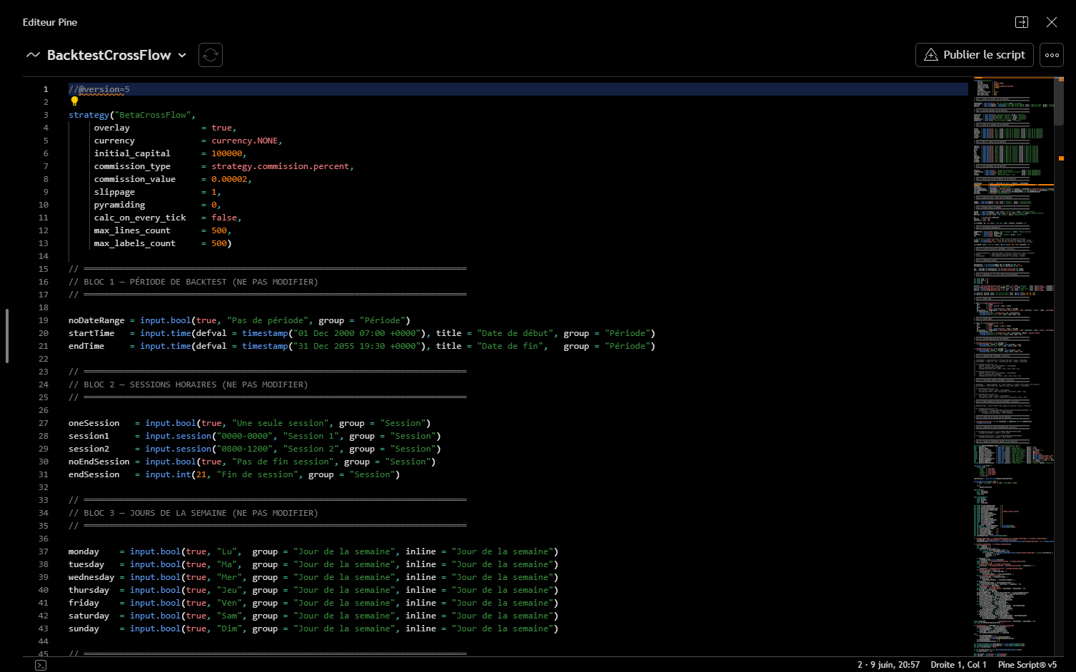 Éditeur Pine Script — code source BacktestCrossFlow